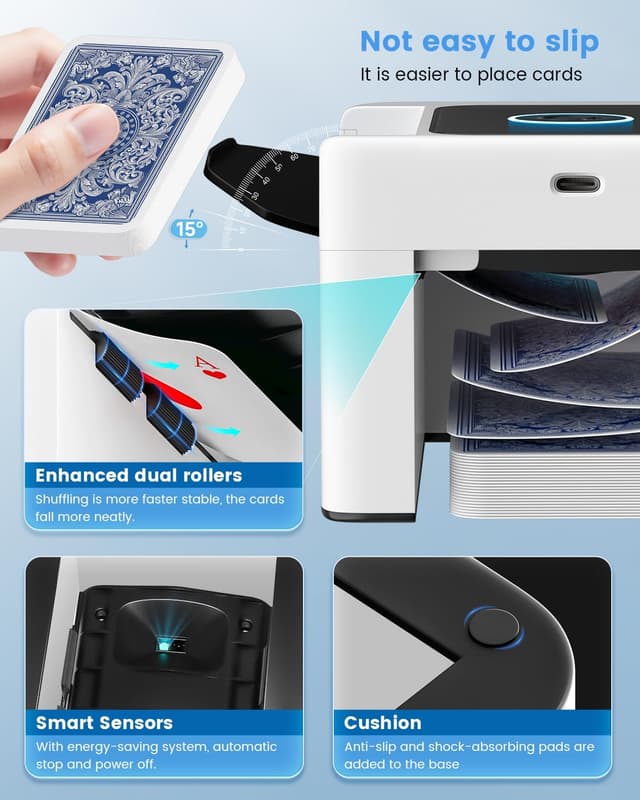 Detalle de Gaeymy Kartenmischmaschine UNO – elektrischer automatischer Kartenmischer mit Akku (2000 mAh) und USB‑C