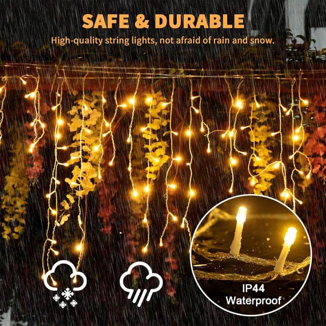 Detalle de Dalugo Icicle Outdoor Christmas Lights (15m + 10m, 480 warm white LEDs) with memory timer