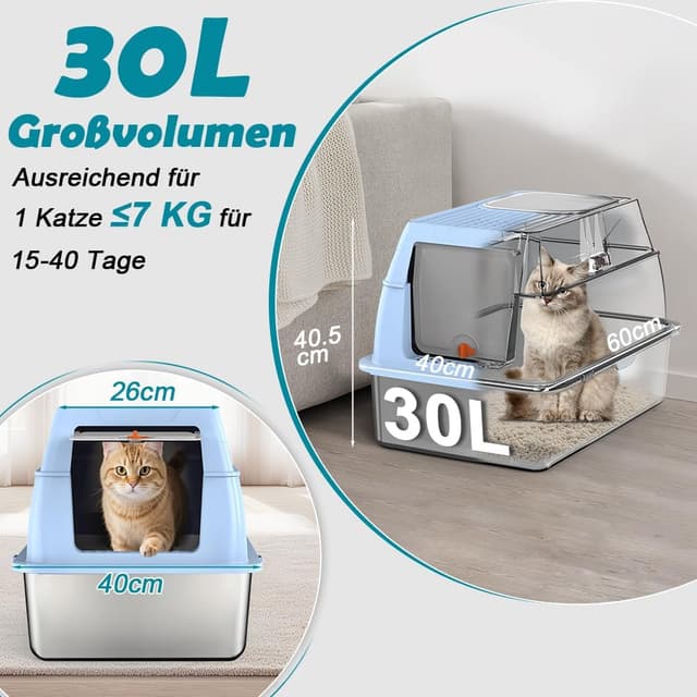 Detalle 2 de SZEETECH Katzenklo Edelstahl XL (60 x 40 x 39,5 cm) mit Deckel, zwei Ausgänge und Set aus Schaufel + Matte + Trittstufe (blau)