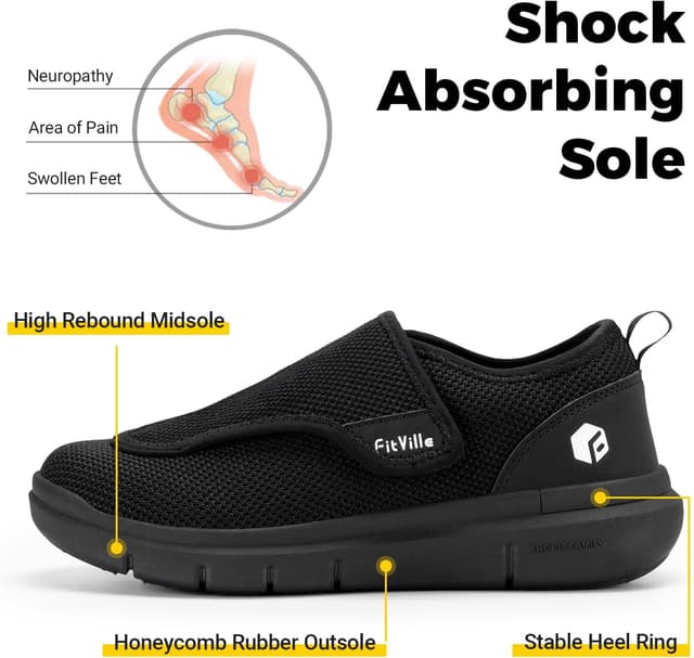 Detalle de FitVille Mens Extra Wide Fit Diabetic Shoes – Easy Slip-On Adjustable Orthopedic Slippers for Swollen Feet