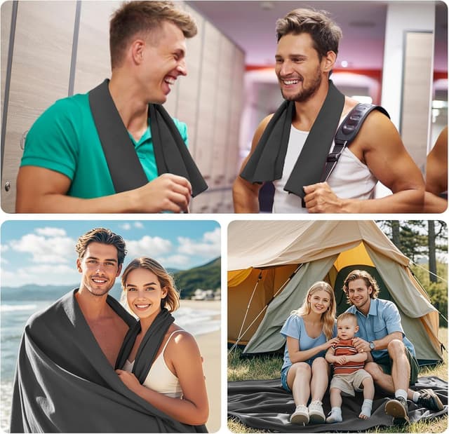 Detalle de Fosdaling Mikrofaser Handtuch-Set (3-teilig) in Dunkelgrau: 200×100 cm & 2× 80×40 cm