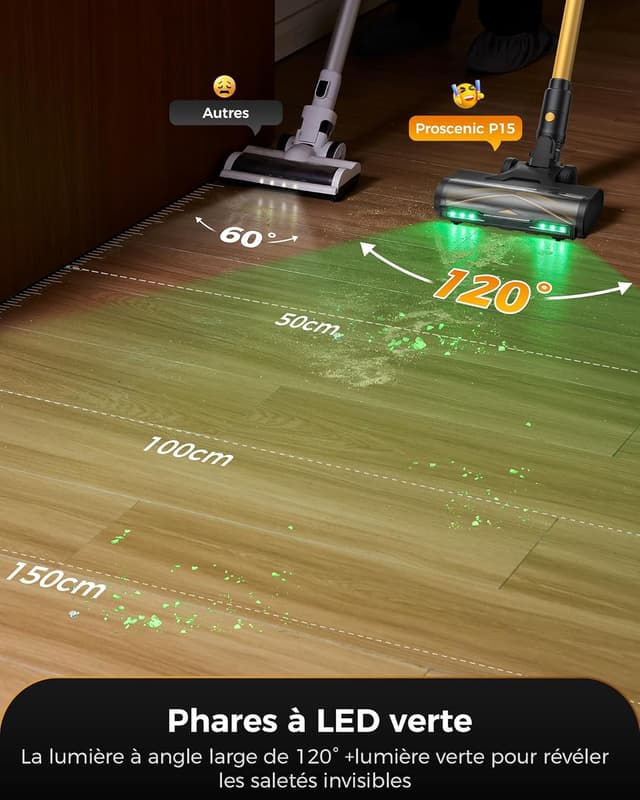 Detalle 2 de Proscenic P15+ : aspirateur balai sans fil 55 kPa, 70 min, brosse anti-enchevêtrement
