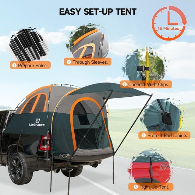 Detalle 2 de Umbrauto Truck Bed Tent with Awning (5.5–5.8FT) — PU3000mm Waterproof Tailgate Pickup Tent for 2-Person Camping