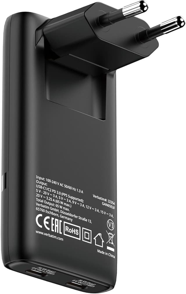 Detalle de Verbatim Chargeur Fold’n’Go GaN 65W pliable USB‑C (2 ports, USB‑C PD 3.0 + PPS)