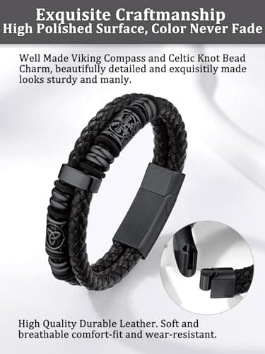 Detalle 2 de Bestyle pulsera de hombre de cuero y acero inoxidable con brújula vikinga (cierre magnético) negra, 21 cm