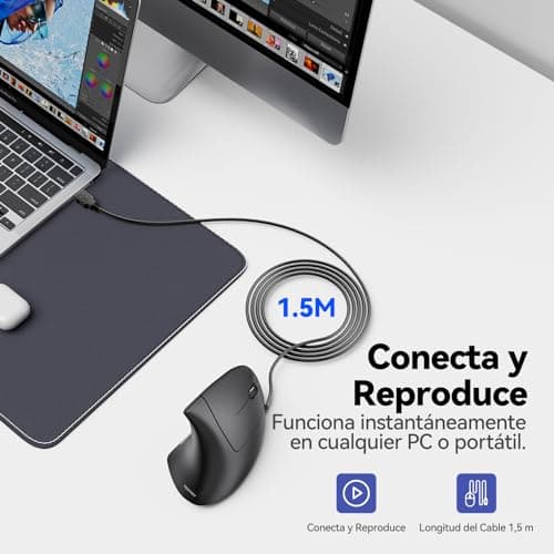 Detalle de TECKNET ratón vertical ergonómico con cable silencioso, 6400DPI y 6 botones (USB 1,5 m, negro)