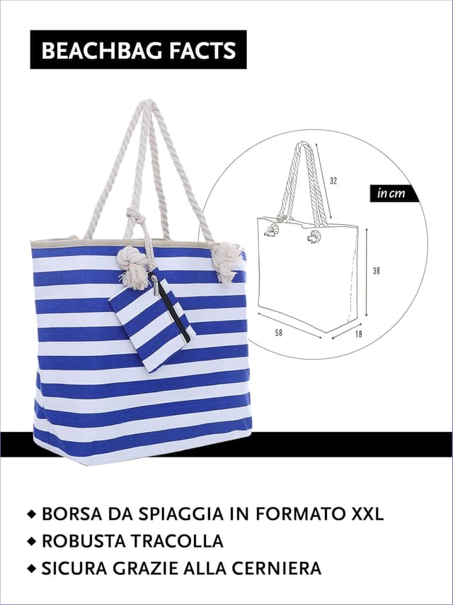 Detalle de DonDon Borsa da spiaggia grande con chiusura zip 58 x 38 x 18 cm stile marinaro