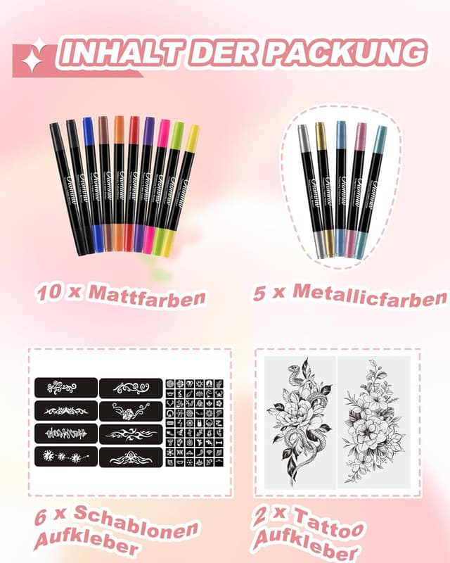 Detalle de Oiomniv Glitzer Tattoo Stifte Kinder (15 Stück) mit Schablonen-Set und 2 temporären Tattoos