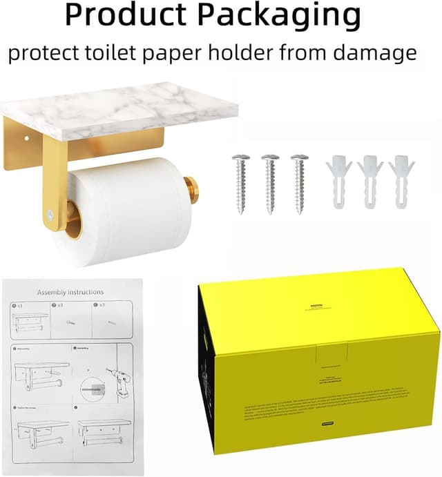 Detalle de Gypie wall-mounted toilet roll holder with marble shelf (304 stainless steel) in matt gold