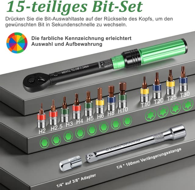 Detalle 2 de Meayll 15-teiliges Drehmomentschlüssel-Set fürs Fahrrad (1/4", 2–24 Nm, ±3%) inkl. 12 Bits, 72-Zahn-Umschaltratsche