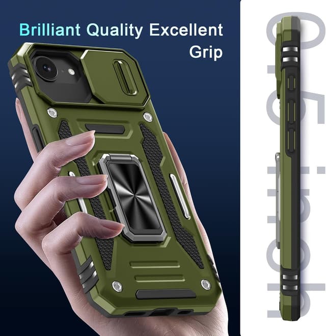 Thumbnail 6 de DEERLAMN Case for iPhone 17e / iPhone 16e 6.1-inch with Slide Camera Cover, Rotated Ring Kickstand (2-Pack Screen Protectors) - Olive Green