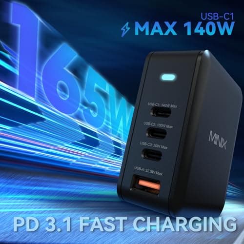 Detalle 2 de MINIX Cargador GaN II USB-C 165W ⚡, 4 puertos para MacBook y más