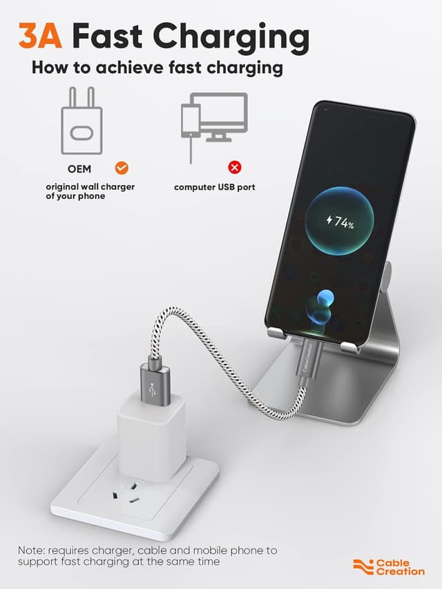 Detalle 1 de CableCreation USB C Ladekabel 15 cm 3A