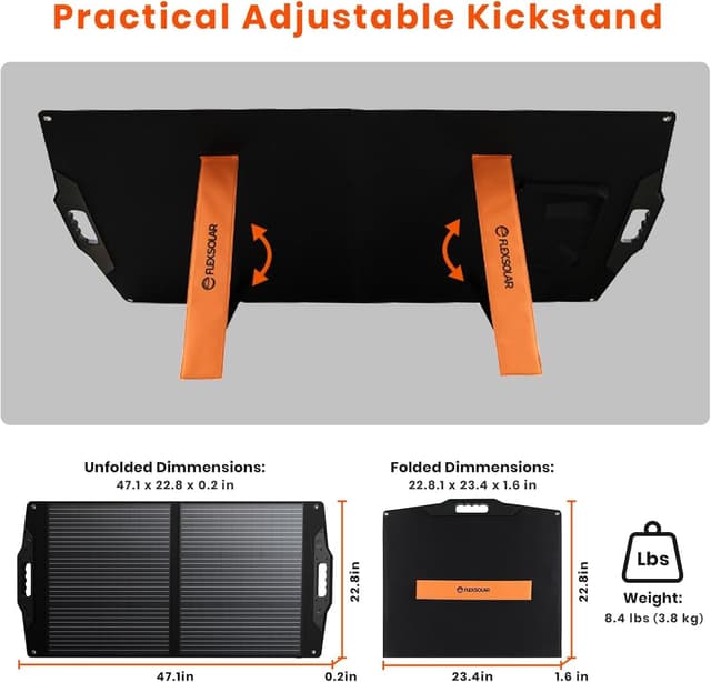 Detalle de FlexSolar 100W Portable Solar Panel – Foldable solar charger with USB-A (QC3.0), USB-C (PD up to 60W) and DC ports for camping