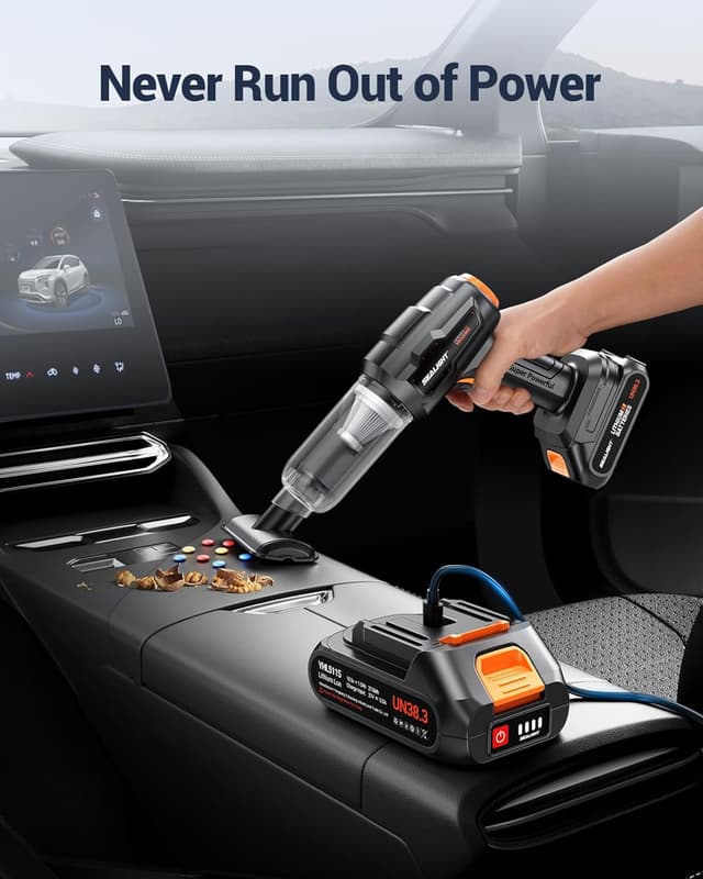 Detalle de SEALIGHT Handstaubsauger 35000 Pa mit 2 Akkus – kabelloser Auto-Staubsauger für Tierhaare & Sofa