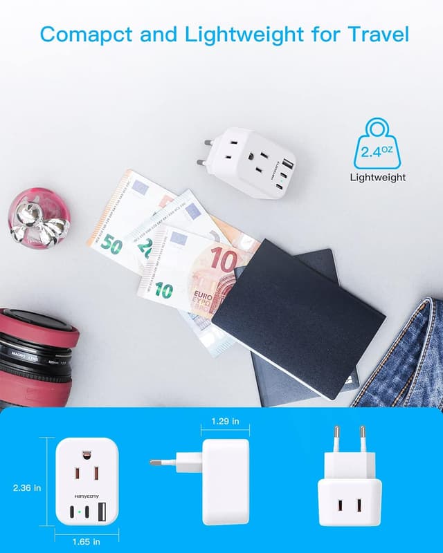 Detalle de HANYCONY European Travel Plug Adapter (US to Most Europe) with 2 USB-C Ports, 2 Outlets, 2-Pack