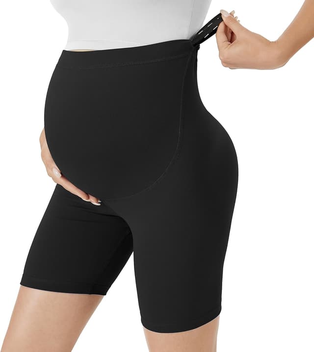 Detalle de VALANDY Creamlush maternity over-belly biker shorts (S–XL) for lounge, yoga & everyday wear