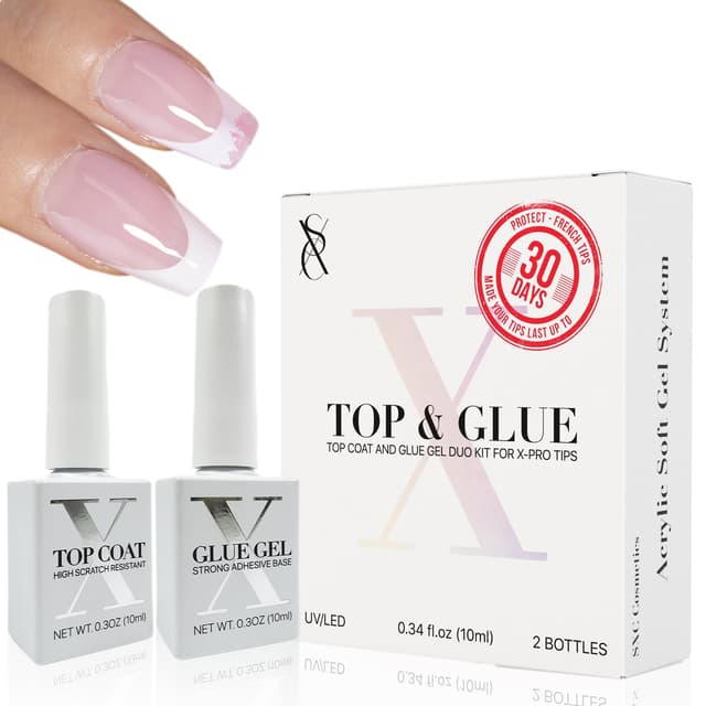 Detalle de SXC Cosmetics X-Pro Tips Top Coat & Glue Gel Duo Set for French acrylic nails
