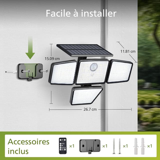Detalle 2 de Philips projecteur solaire extérieur 196 LED avec détecteur PIR (IP65) et télécommande – 4 têtes orientables, 3 modes