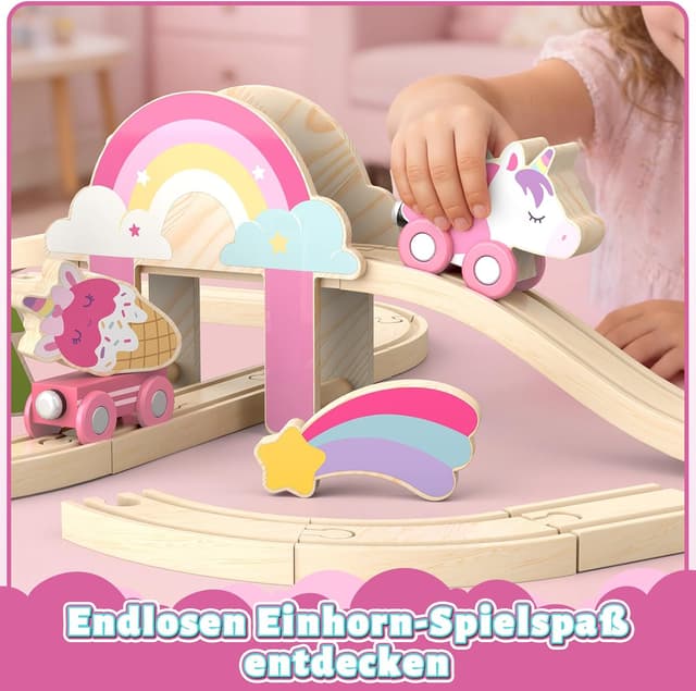 Detalle de Lehoo Castle Holzeisenbahn für Mädchen – Einhorn-Feen-Holzeisenbahn, 38-teiliges Set ab 3 Jahren (rosa)