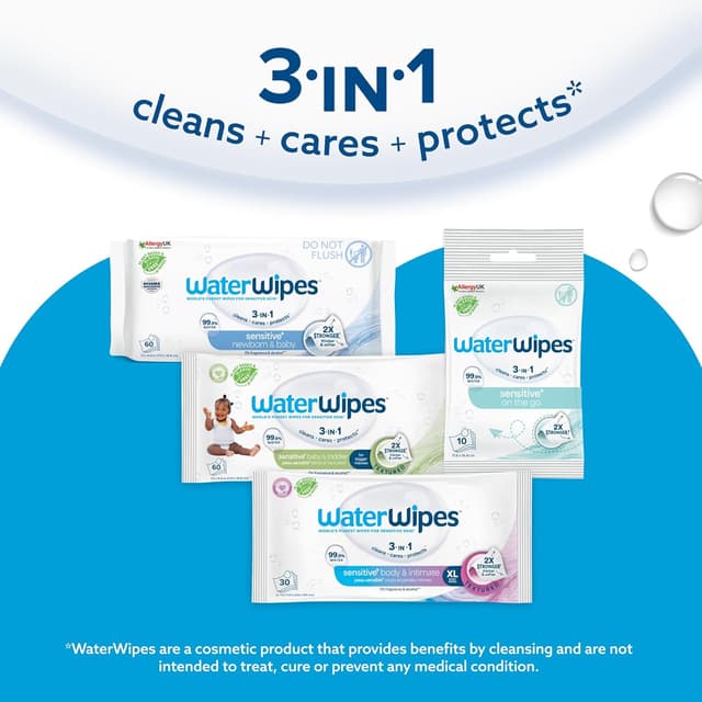 Detalle 2 de WaterWipes Sensitive+ Baby & Toddler Wipes (99.9% water), Unscented, 180 Count (3 Packs) — 3-in-1 cleans, cares & protects