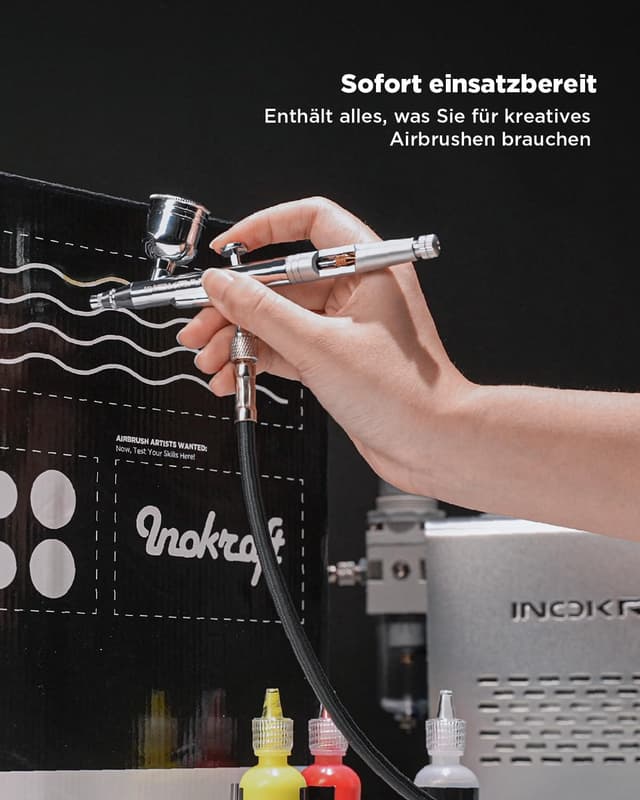 Detalle 2 de InoKraft Airbrush-Set mit Kompressor (1/6 HP), 3 Düsen (0,2 / 0,3 / 0,5 mm) & Airbrushpistole