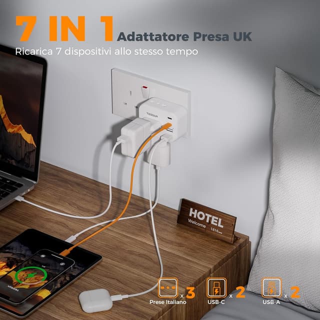 Detalle de TESSAN adattatore presa inglese 7 in 1 con 2 USB-C e 2 USB-A (Tipo G) fino a 3.250 W