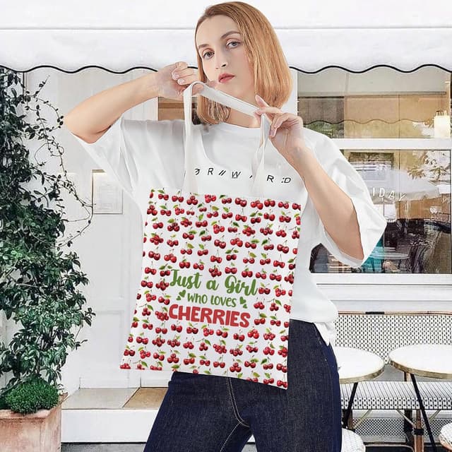 Detalle de LEVLO Funny Cherry cotton canvas cosmetic bag – “Just A Girl Who Loves Cherries” zip pouch