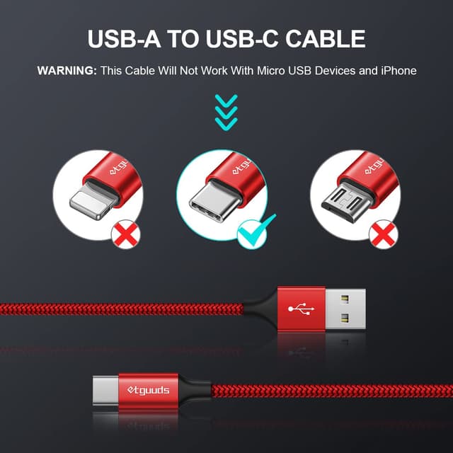 Thumbnail 6 de etguuds USB-C Charger Cable 2 Pack (1m) – USB-A to USB-C, 3A fast charging & data sync up to 480Mbps