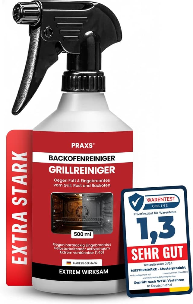 Detalle de PRAXS Backofenreiniger & Grillreiniger Konzentrat (500 ml) – Aktivschaum, wirksam in 10 Minuten