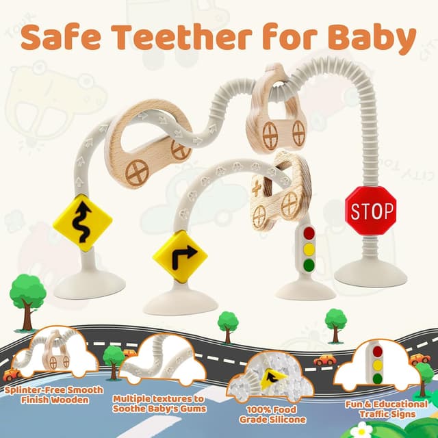 Detalle de Montessori traffic-themed suction cup sensory toy with car wooden ring (6–12 months)