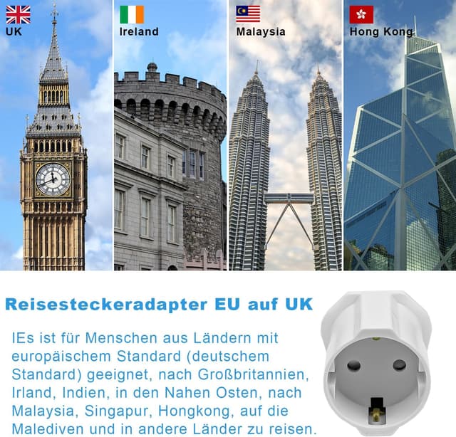 Detalle de 2er-Set Reiseadapter UK (Typ G) von Europa auf England/Schottland/Irland/Dubai/Malediven – Steckeradapter für unterwegs