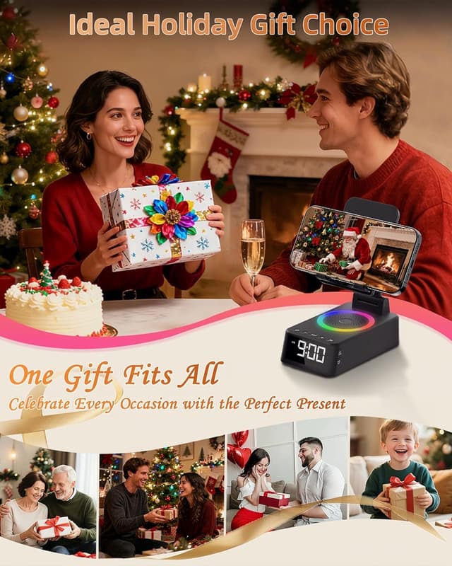 Detalle 2 de Caulikine 6-in-1 Alarm Clock with Bluetooth Speaker, Phone Stand, White Noise & Ambient Light