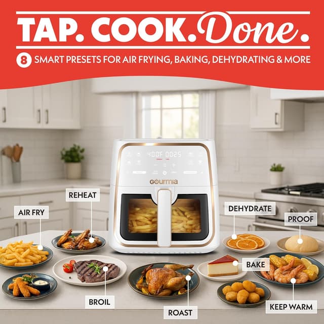 Detalle 2 de Gourmia 8 Qt Air Fryer with 8 Presets, Digital Display & FryForce 360° Technology (White)