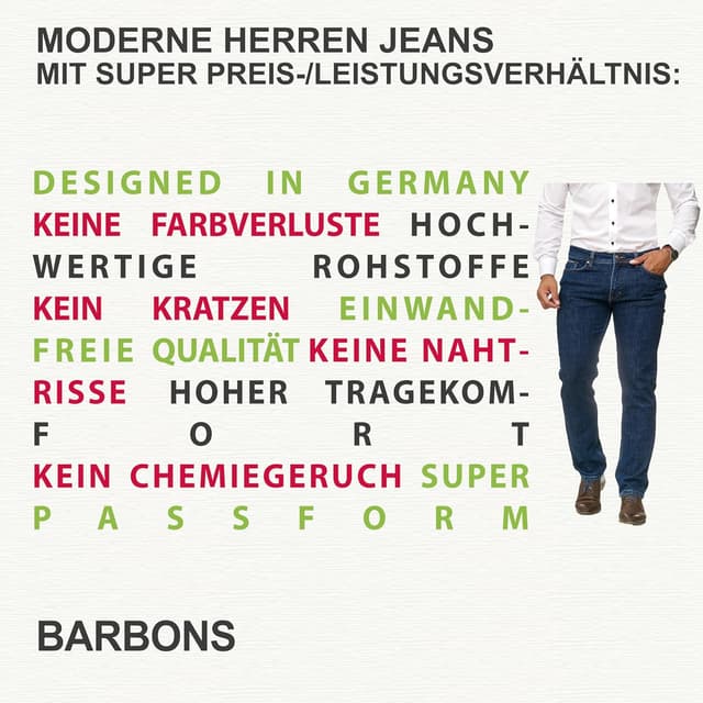 Detalle de BARBONS Herren-Jeans Regular-Fit Stretch in Straight Cut (Business & Freizeit)