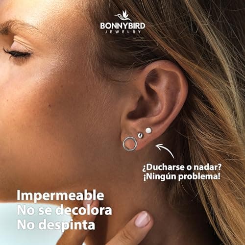 Detalle 2 de BONNYBIRD BonnyClassic: set de pendientes pequeños para mujer en plata (acero quirúrgico, hipoalergénicos) con 3 pares