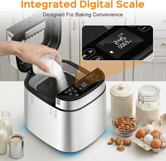 Detalle de LCKSMAL 2.5LB Bread Maker with Built-in Electronic Scale, 25 Programs, Adjustable Baking & Fermentation (White)