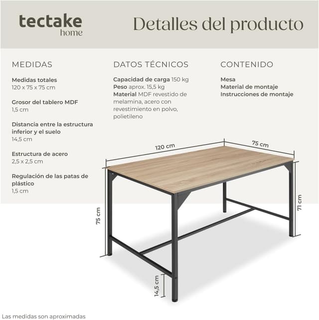 Thumbnail 2 de tectake Mesa comedor Industrial 120x75 cm