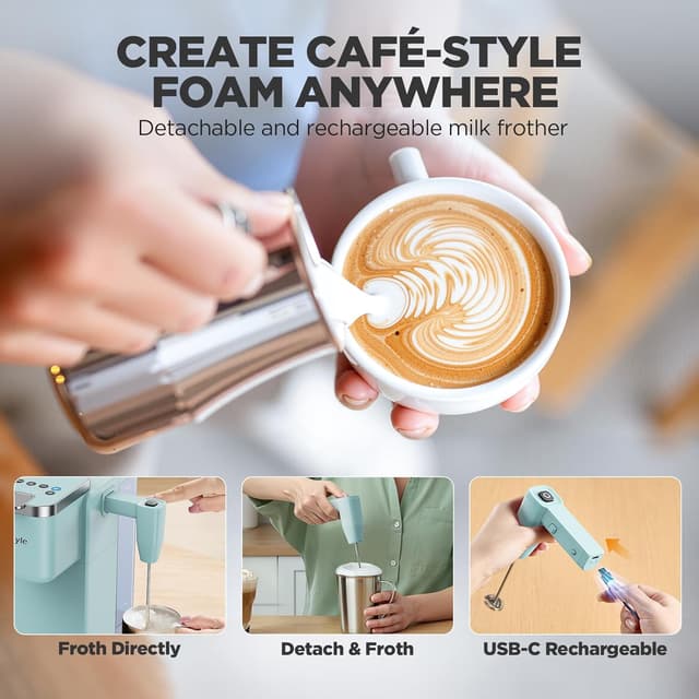 Detalle 2 de Tastyle Single Serve Coffee Maker with Detachable Milk Frother (Teal) – Hot & Iced for K-Cups or Grounds