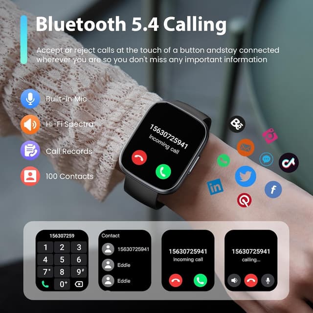 Detalle de Poounur T80 Smart Watch with Bluetooth Calling, 1.95" HD Display and 110+ Sport Modes (IP68, Black)