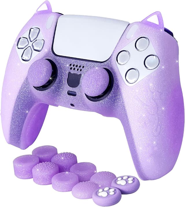 Detalle de HLRAO Purple Cat Glitter anti-slip silicone controller skin & thumb grips for PS5 (8 PCS)