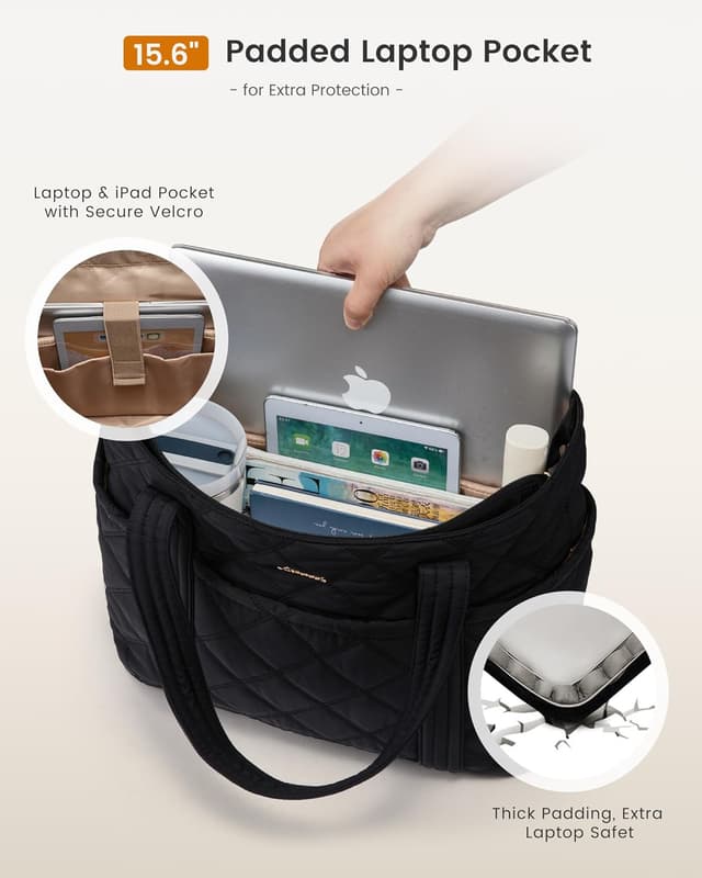 Detalle de LOVEVOOK Shopper Tasche für Damen mit 15,6-Zoll-Laptopfach – leichte Puffer-Tote fürs Büro, Uni & Reisen
