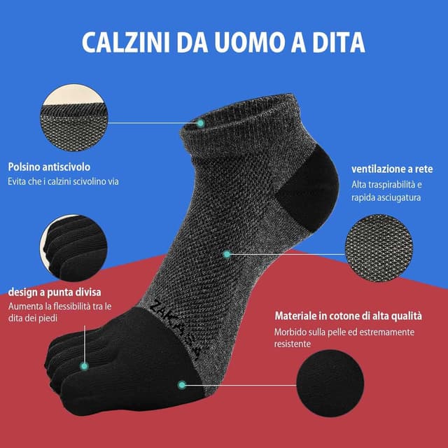 Detalle 2 de PUTUO calzini sportivi corti a cinque dita per uomo (5 paia) in cotone traspirante