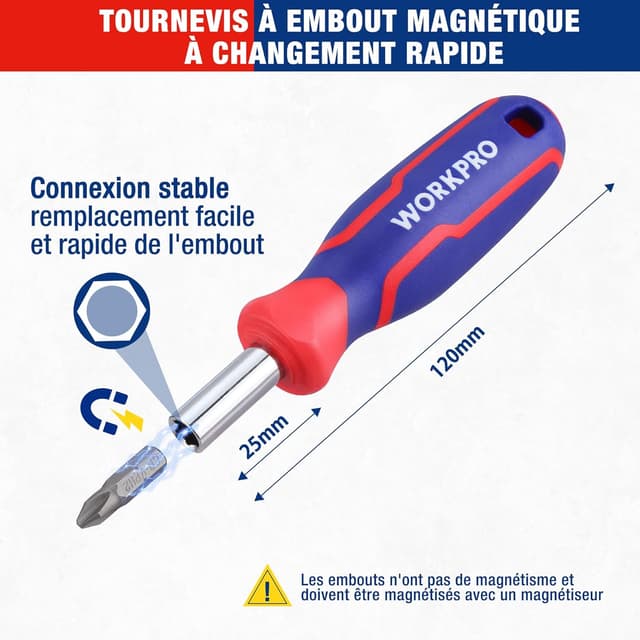 Detalle 2 de Coffret WORKPRO de douilles et embouts 34 pièces 1/4" double tête, rallonges et joint universel
