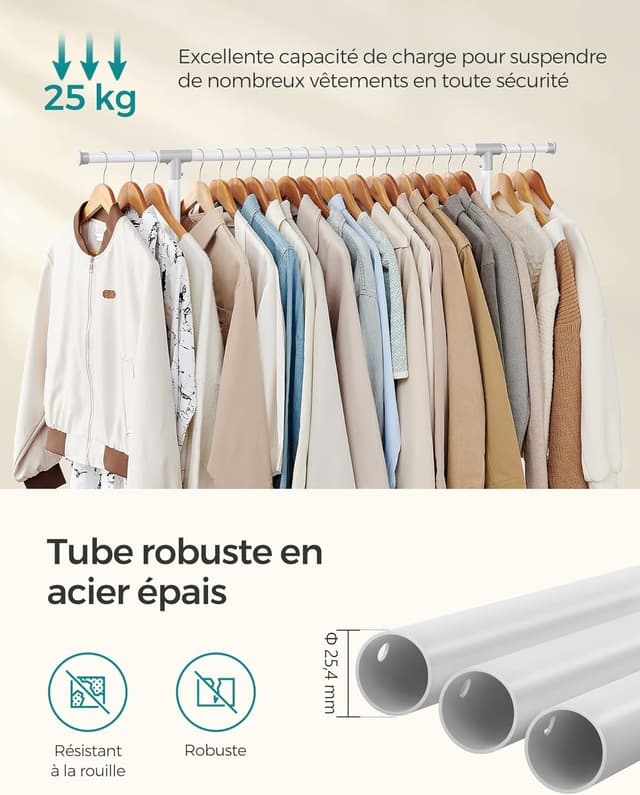 Detalle de SONGMICS Stand Appendiabiti con ruote LLR001W01, altezza regolabile 97–165 cm e barra estensibile