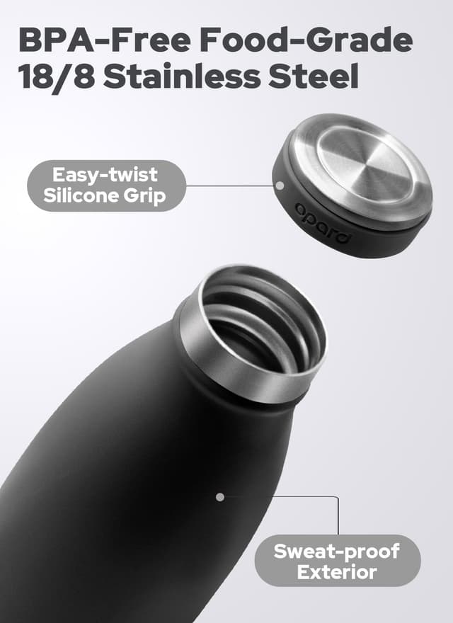 Detalle 2 de Opard insulated stainless steel water bottle (Midnight Black) – 500ml with leakproof screw lid