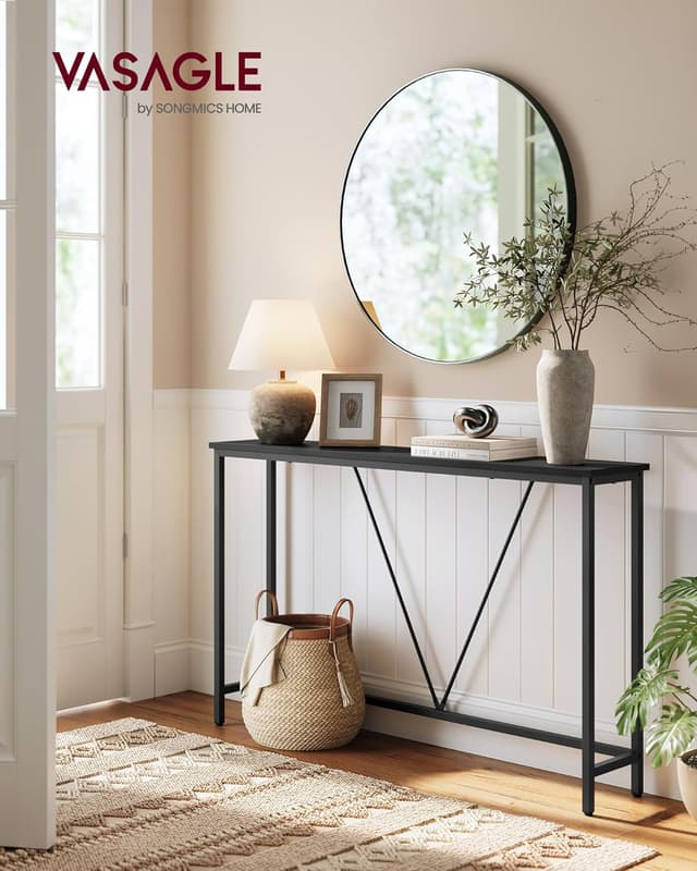 Detalle 2 de VASAGLE LNT020B04 tavolo consolle stretto grigio antracite e nero, per ingresso e dietro al divano