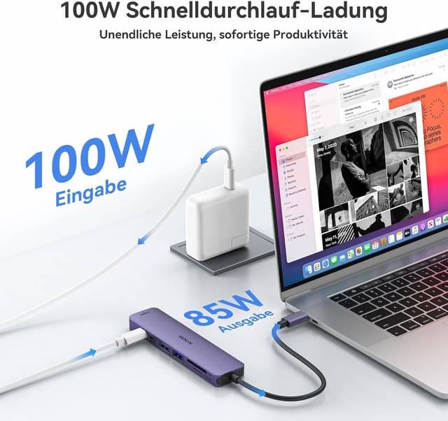 Detalle de MOKiN USB-C Hub 7-in-1 (HDMI 4K, 2× USB 3.0, SD/microSD, USB-C PD 100 W) für MacBook, iPad & Co. (lila)