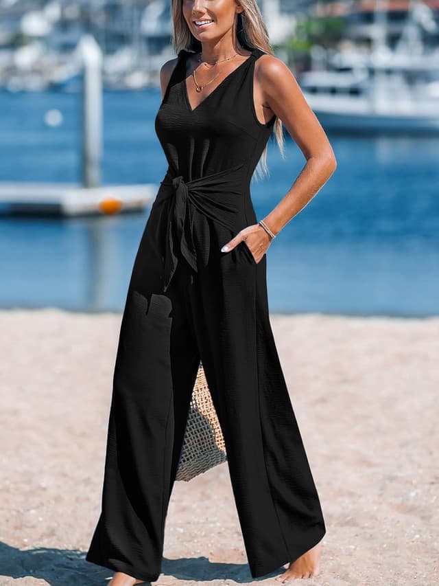 Detalle de CUPSHE combinaison femme col en V sans manches ceinturée, jambes longues et bretelles à nœud pour l’été