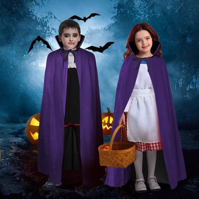 Detalle de AOOWU Mantello Vampiro Bambini doppio lato 90 cm, collo alto unisex per Halloween e cosplay